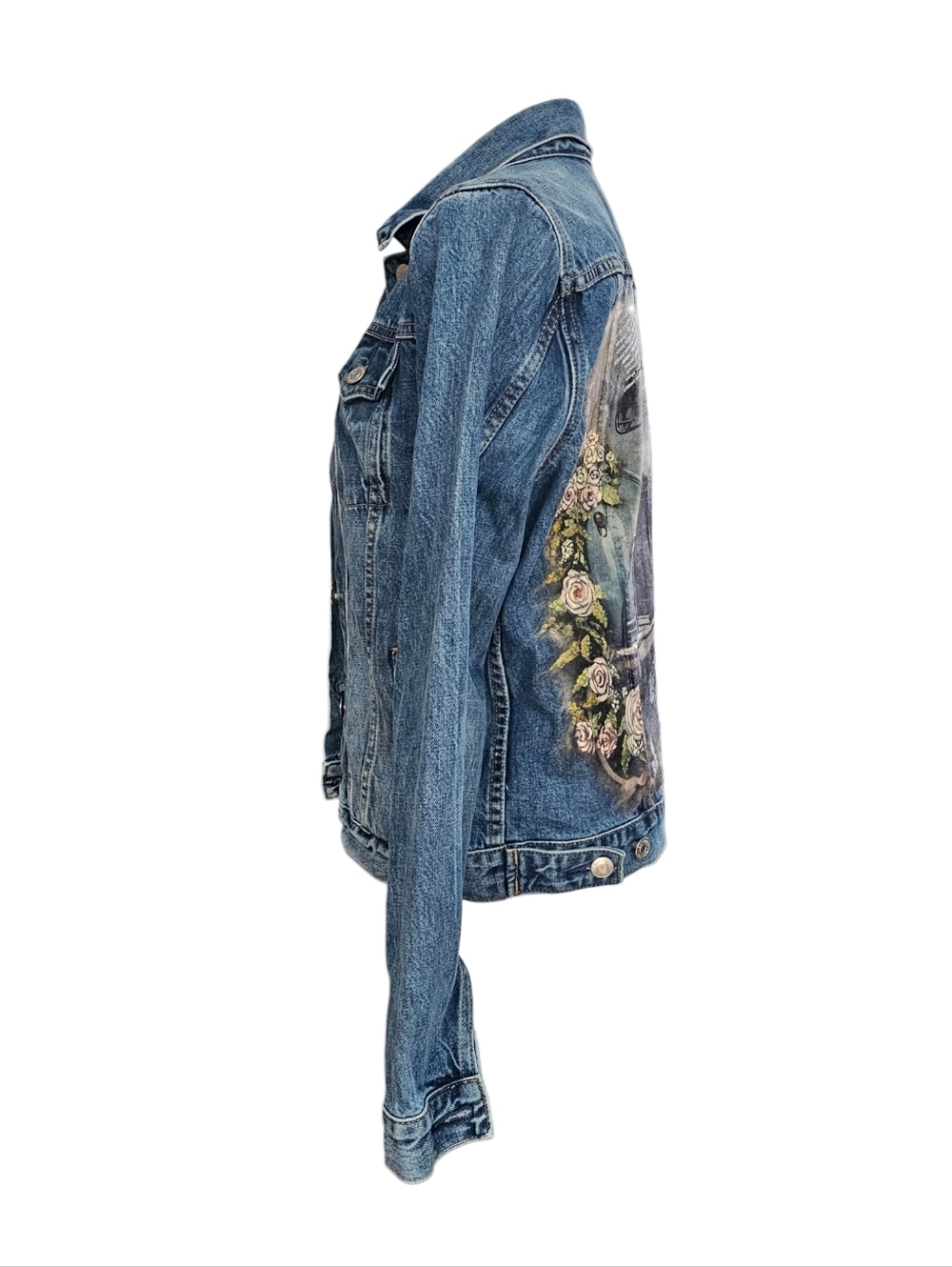 Mixed Media Vintage Car And Floral Jean Jacket - Picture 3 of 5